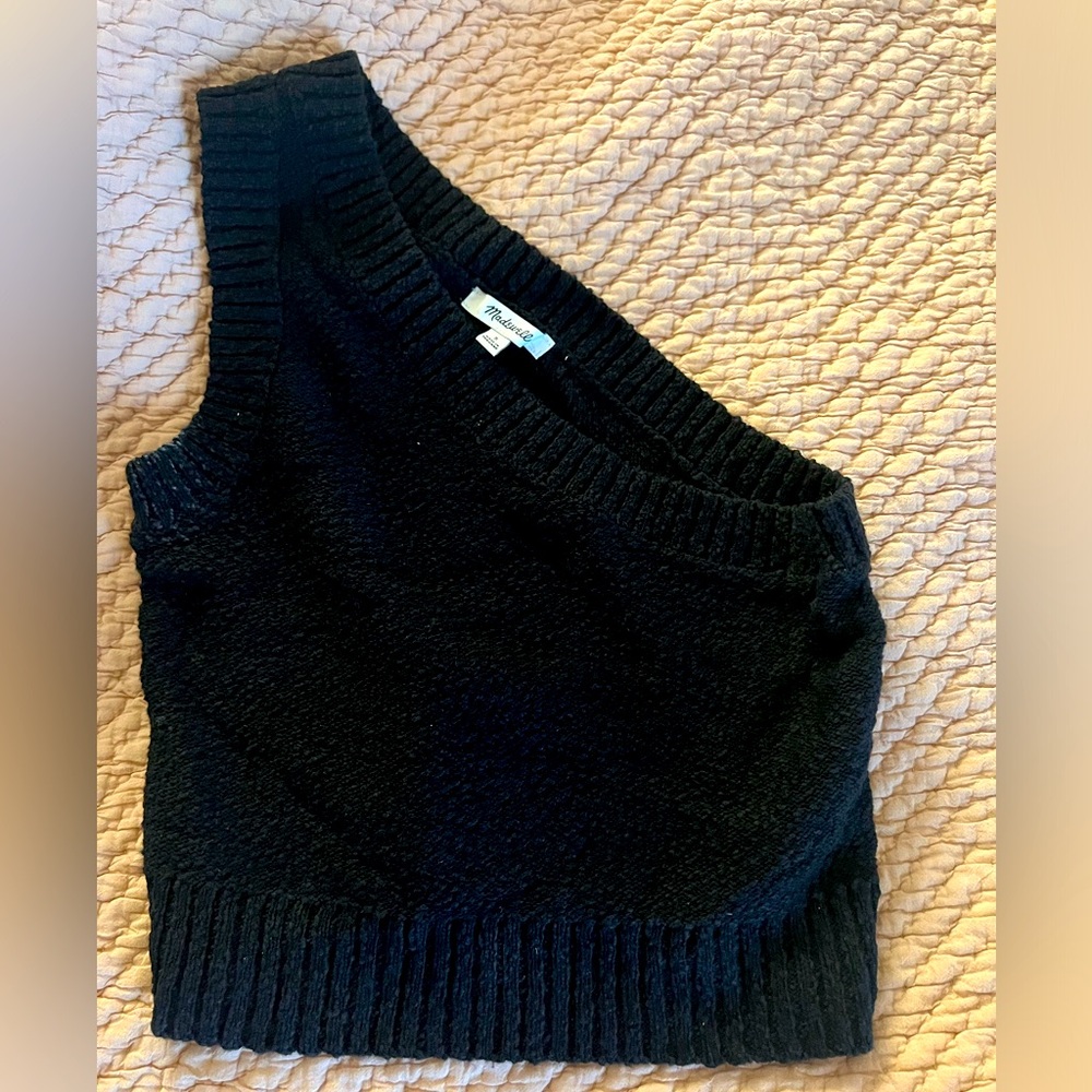 Madewell Black Textural-Knit One-Shoulder Sweater Tank